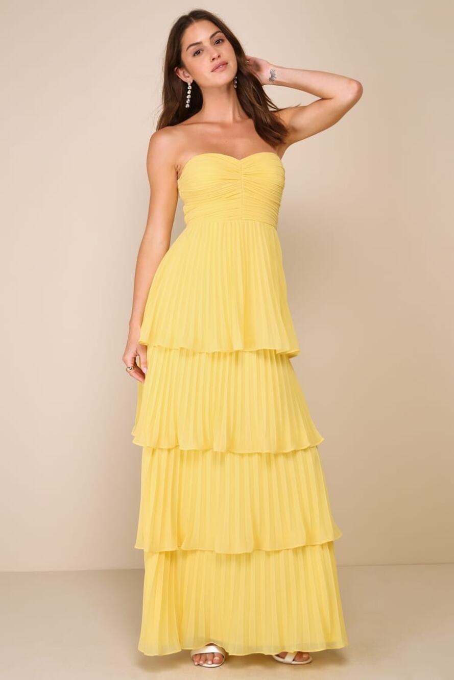 NWT Lulus Seriously Sensational Yellow Strapless Tiered Maxi Dress Banquet XXS